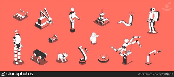 Robotic household appliances pets humanoids security camera assembly line industrial robots isometric set colorful background vector illustration