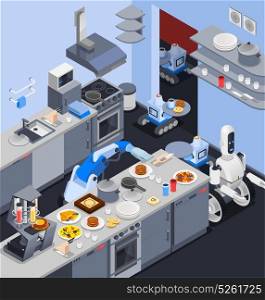 Robotic Kitchen Maid Composition. Robot isometric professions composition with robotic manipulator cook and waiters serving food in restaurant kitchen interior vector illustration