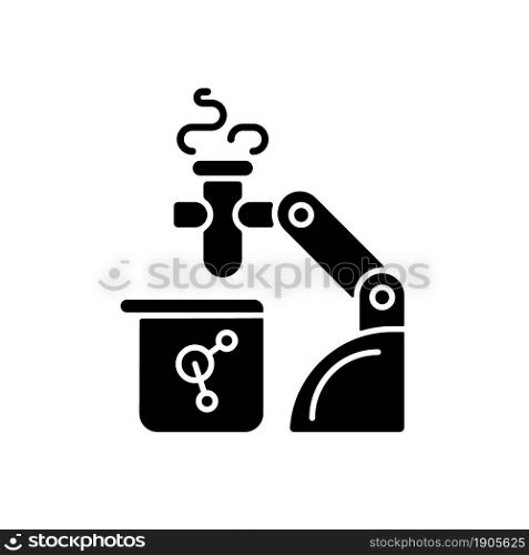Robotic lab assistance black glyph icon. Automated laboratory assistant. Lab automation solution. Performing liquid handling. Silhouette symbol on white space. Vector isolated illustration. Robotic lab assistance black glyph icon