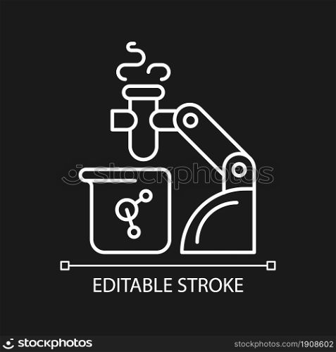 Robotic lab assistance white linear icon for dark theme. Automated laboratory assistant. Thin line customizable illustration. Isolated vector contour symbol for night mode. Editable stroke. Robotic lab assistance white linear icon for dark theme