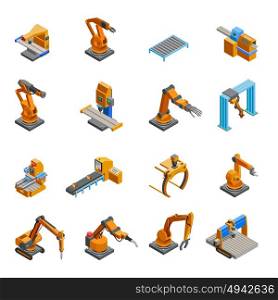 Robotic Mechanical Arm Isometric Icons Set. Remotely controlled programmable robotic mechanical arms samples in automation industry isometric icons collection abstract isolated vector illustration