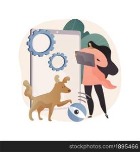 Robotic pet sitters abstract concept vector illustration. Pet sitter robot, interactive entertainment, keep an eye on, home animal care robotic solution, smart control service abstract metaphor.. Robotic pet sitters abstract concept vector illustration.