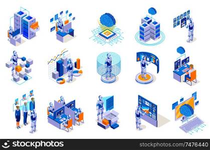 Robotic process automation isometric icons collection with isolated images of robots working with futuristic computer interfaces vector illustration
