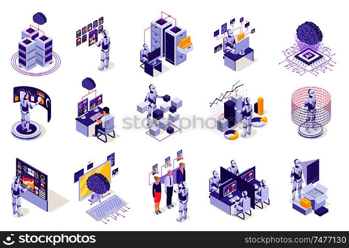 Robotic process automation isometric icons with isolated images of robots electronics computer screens and futuristic interfaces vector illustration