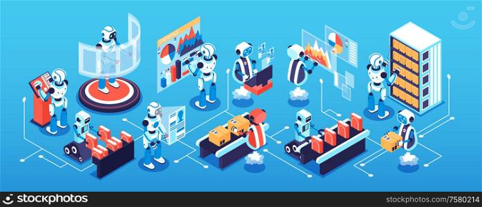 Robotic process isometric narrow concept with science and technology symbols vector illustration