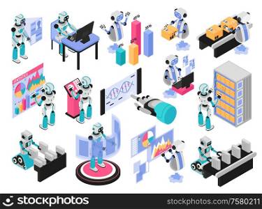 Robotic process isometric set with new technology and automation symbols isolated vector illustration
