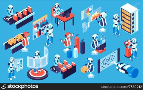 Robotic process isometric set with new technology symbols isolated vector illustration