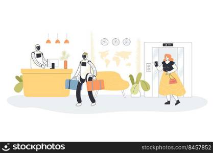 Robotic receptionists meeting guest at hotel. Flat vector illustration. Girl taking pictures of robotic hotel staff on phone, near elevator. Technologies, artificial intelligence, service concept