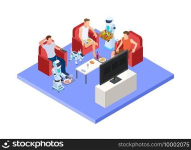 Robotic service staff. Vector people and androids. Isometric servant robots and men resting. Artificial humanoid worker, robotic help people illustration. Robotic service staff. Vector people and androids. Isometric servant robots and men resting
