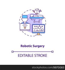 Robotic surgery concept icon. CPS usage idea thin line illustration. Minimally invasive surgery. Performing complex surgical tasks. Vector isolated outline RGB color drawing. Editable stroke. Robotic surgery concept icon