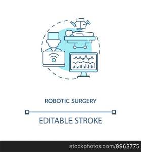 Robotic surgery concept icon. CPS usage idea thin line illustration. Robotic technology. Performing complex surgical tasks. Vector isolated outline RGB color drawing. Editable stroke. Robotic surgery concept icon