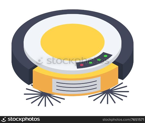 Robotic vacuum cleaner, isolated icon. Housework done by robot with brushes and special sensors. Machine for home usage. Modern device with buttons and light bulbs. Hygiene maintenance vector. Cleaning Robot Vacuum Cleaner of Rounded Shape
