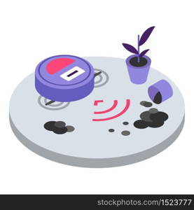 Robotic vacuum cleaner isometric color vector illustration. Modern autonomous household equipment, smart technology. Broken domestic appliance 3d concept isolated on white background