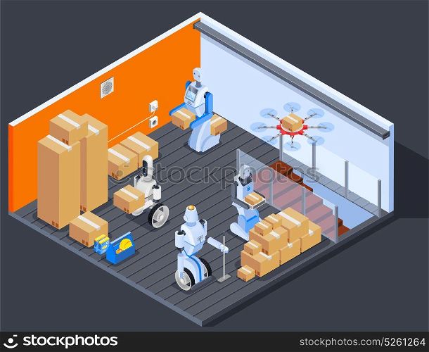 Robotic Warehouse Workers Composition. Robot isometric professions composition of warehouse interior and robotic stock workers carrying pasteboard boxes with drone vector illustration