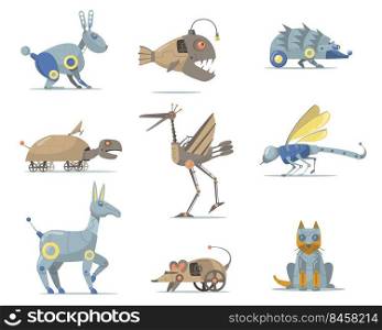 Robotics animals set. Cyber dog, fish, turtle, cat, mouth, bird, insect isolated on white. Vector illustration for mechanical robot toys, modern machines for kids, entertainment, fun concept