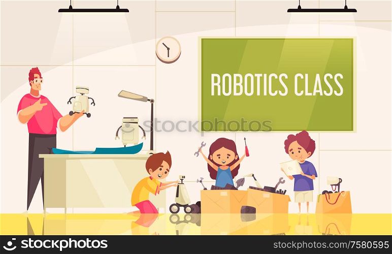 Robotics class background with little children children creating robotic toys under guidance of teacher vector illustration
