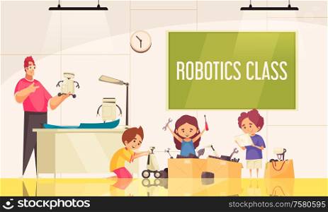 Robotics class background with little children children creating robotic toys under guidance of teacher vector illustration