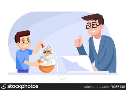 Robotics class for children flat vector illustration. Father and son assembly and programming droid. After school club. Extracurricular activity. Boy and teacher creating robot cartoon characters