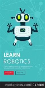 Robotics classes and lessons, learn process or creating humanoids and artificial intelligence. Futuristic engineering and designing. Website or webpage template, landing page flat style vector. Learn robotics, website with info and classes