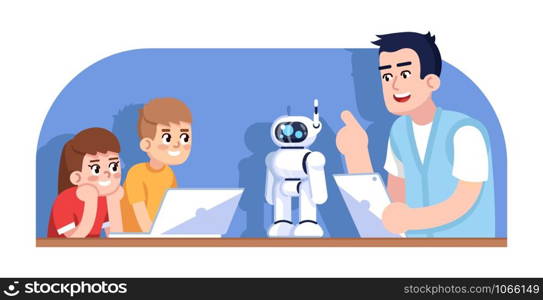 Robotics courses for children flat vector illustration. Droid programming for kids. After school club. Teacher and little students on computer science lesson cartoon characters