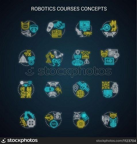 Robotics courses neon light concept icons set. Creating robots idea. Making electronics, devices. Lessons of robot modelling, developing, programming. Glowing vector isolated illustration