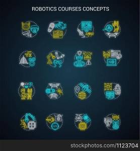 Robotics courses neon light concept icons set. Creating robots idea. Making electronics, devices. Lessons of robot modelling, developing, programming. Glowing vector isolated illustration