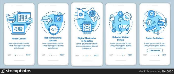 Robotics courses onboarding mobile app page screen vector template. Robots learning and development. Walkthrough website steps with linear illustrations. UX, UI, GUI smartphone interface concept