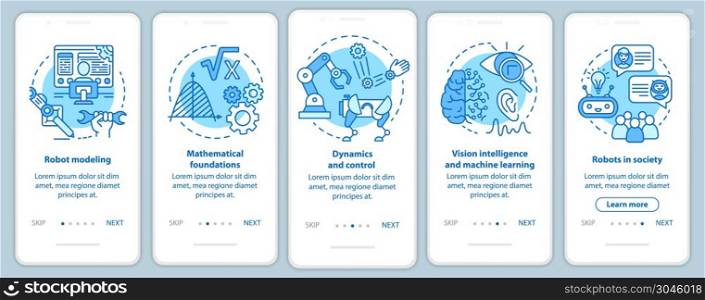 Robotics courses onboarding mobile app page screen vector template. Study robot engineering. Walkthrough website steps with linear illustrations. UX, UI, GUI smartphone interface concept