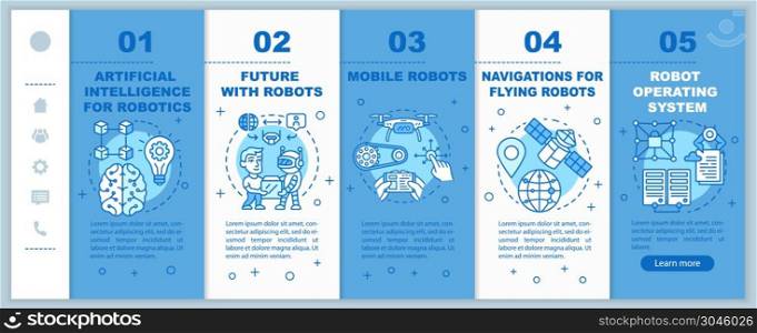 Robotics courses onboarding mobile web pages vector template. Automation. Responsive smartphone website interface idea with linear illustrations. Webpage walkthrough step screens. Color concept