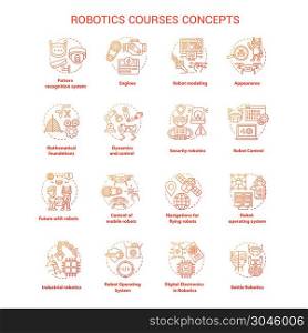 Robotics courses red concept icons set. Creating robots idea thin line illustrations. Making electronics, devices. Lessons of robot modelling. Vector isolated outline drawings. Editable stroke. Robotics courses red concept icons set. Creating robots idea thin line illustrations. Making electronics, devices. Lessons of robot modelling. Vector isolated outline drawings. Editable stroke