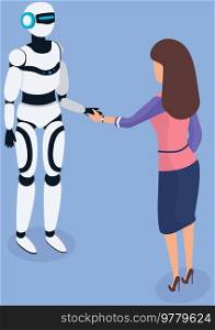 Robotics development, robot shakes hands with person. Woman communicating with artificial intelligence. Automatic artificial intelligence device talks to girl. Communication with technology. Robotics development, robot shakes hand of girl. Woman communicating with artificial intelligence