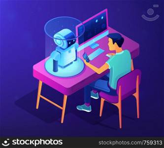 Robotics engineer at desk with computer and mobile phone programming robot. Robotics process automation and technology, bluetooth robotics concept. Ultraviolet neon vector isometric 3D illustration.. Robotics programming concept vector isometric illustration.