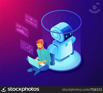 Robotics engineer working with laptop on robot software. Robotics project and system, sensor guided robotics and artificial intelligence concept. Ultraviolet neon vector isometric 3D illustration.. Robot software concept vector isometric illustration.