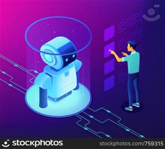 Robotics engineer working with robot data on virtual interface. Robotics data analysis, machine learning, self learning robot and ai concept. Ultraviolet neon vector isometric 3D illustration.. Robotics data analysis concept vector isometric illustration.