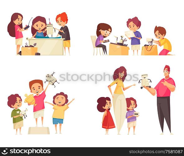 Robotics for kids 2x2 design concept with happy children creating and programming robots isolated vector illustration