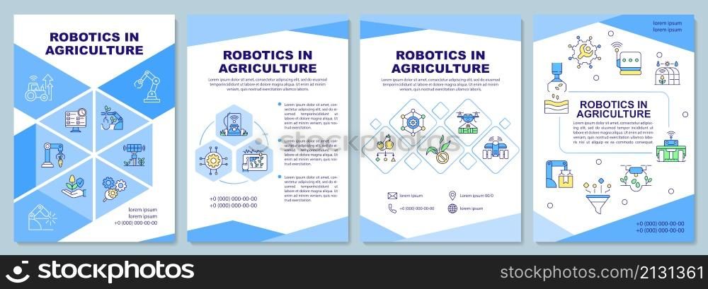 Robotics in agriculture brochure template. IoT adoption. Booklet print design with linear icons. Vector layouts for presentation, annual reports, ads. Arial-Black, Myriad Pro-Regular fonts used. Robotics in agriculture brochure template