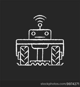 Robotics in agriculture chalk white icon on black background. Automation in agronomy industry. Engineering in biotechnology. High-tech. Isolated vector chalkboard illustration. Robotics in agriculture chalk white icon on black background