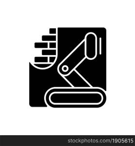Robotics in concrete works black glyph icon. Autonomous equipment in construction. Speeding up building process. Robotic-augmented work. Silhouette symbol on white space. Vector isolated illustration. Robotics in concrete works black glyph icon