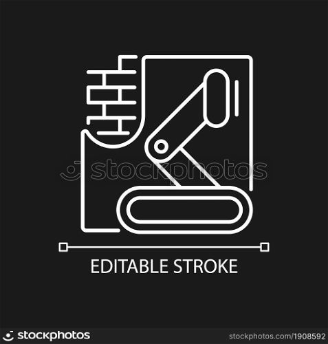 Robotics in concrete works white linear icon for dark theme. Autonomous equipment in construction. Thin line customizable illustration. Isolated vector contour symbol for night mode. Editable stroke. Robotics in concrete works white linear icon for dark theme