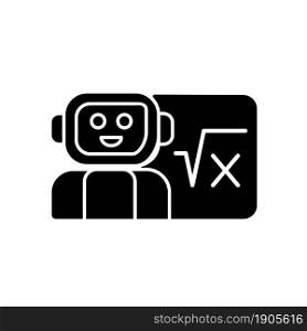 Robotics in education black glyph icon. Robot teacher. Implementing artificial intelligence in classroom. Technological advancement. Silhouette symbol on white space. Vector isolated illustration. Robotics in education black glyph icon