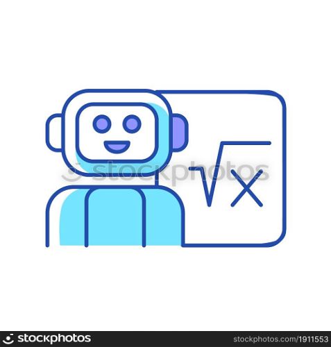 Robotics in education RGB color icon. Robot teacher. Implementing artificial intelligence in classroom. Technological advancement. Isolated vector illustration. Simple filled line drawing. Robotics in education RGB color icon