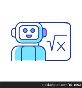 Robotics in education RGB color icon. Robot teacher. Implementing artificial intelligence in classroom. Technological advancement. Isolated vector illustration. Simple filled line drawing. Robotics in education RGB color icon