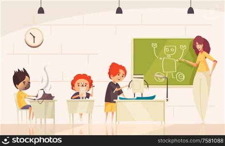 Robotics kids class vector illustration with little pupils designing robots and female adult character at blackboard with cartoon drawing