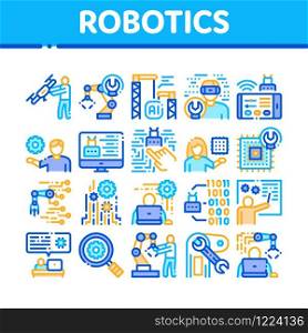 Robotics Master Collection Icons Set Vector. Human Worker With Drone And Robot Machine, Robotics Artificial Intelligence And Binary Code Concept Linear Pictograms. Color Contour Illustrations. Robotics Master Collection Icons Set Vector