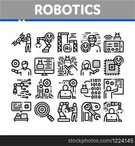 Robotics Master Collection Icons Set Vector. Human Worker With Drone And Robot Machine, Robotics Artificial Intelligence And Binary Code Concept Linear Pictograms. Monochrome Contour Illustrations. Robotics Master Collection Icons Set Vector