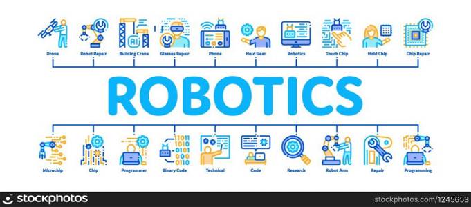 Robotics Master Minimal Infographic Web Banner Vector. Human Worker With Drone And Robot Machine, Robotics Artificial Intelligence And Binary Code Illustrations. Robotics Master Minimal Infographic Banner Vector