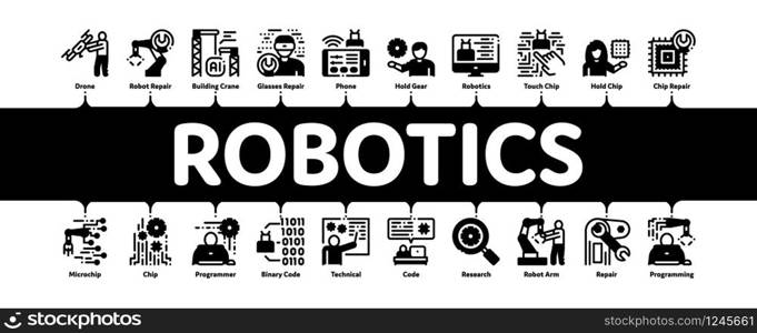 Robotics Master Minimal Infographic Web Banner Vector. Human Worker With Drone And Robot Machine, Robotics Artificial Intelligence And Binary Code Illustrations. Robotics Master Minimal Infographic Banner Vector