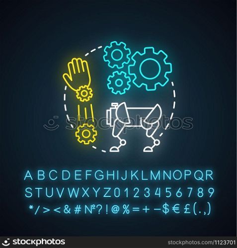 Robotics motion system neon light concept icon. Robot software idea. Information technologies and innovative programming. Glowing sign with alphabet, numbers and symbols. Vector isolated illustration