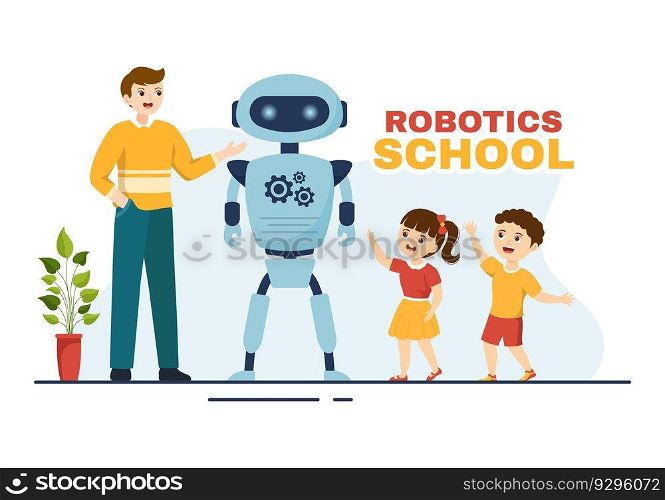 Robotics School Vector Illustration with Kids Robotic Project to Programming and Engineering Robot in Flat Cartoon Hand Drawn Landing Page Templates