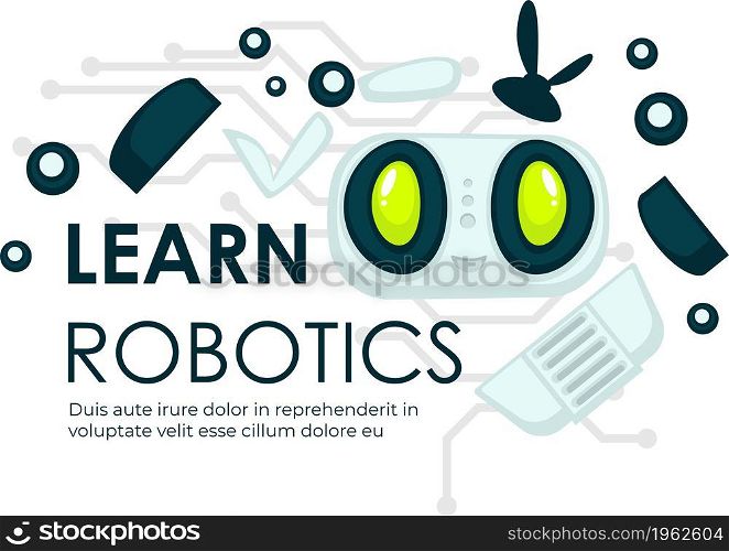 Robotics sphere, scientific field of knowledge, learn discipline. Engineering and manufacturing, modeling of androids and robots, cyber and virtual space automation. Vector in flat style illustration. Learn robotics, courses or classes promo poster